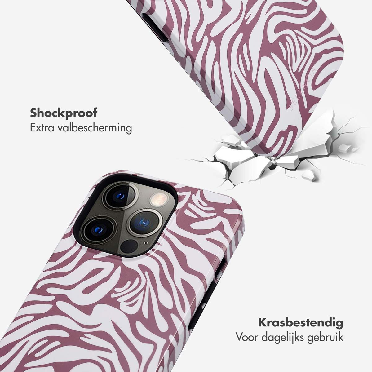 Telefoonhoesje met zebrapatroon, getoond in twee delen met barsteffect, schokbestendige en krasbestendige labels.