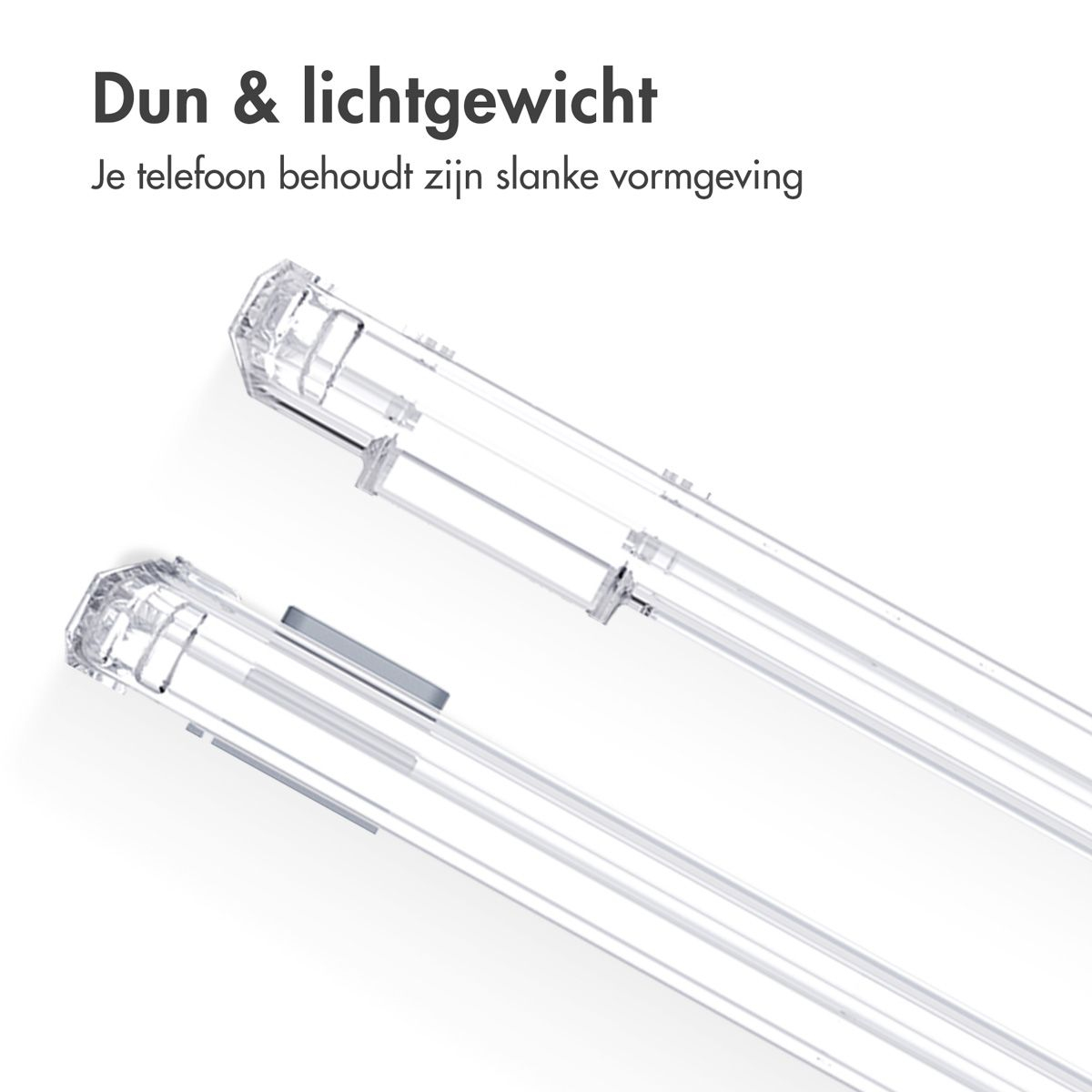 Zwei transparente Handyhüllen auf weißem Hintergrund. Der Text oben lautet 'Dünn & leicht'.