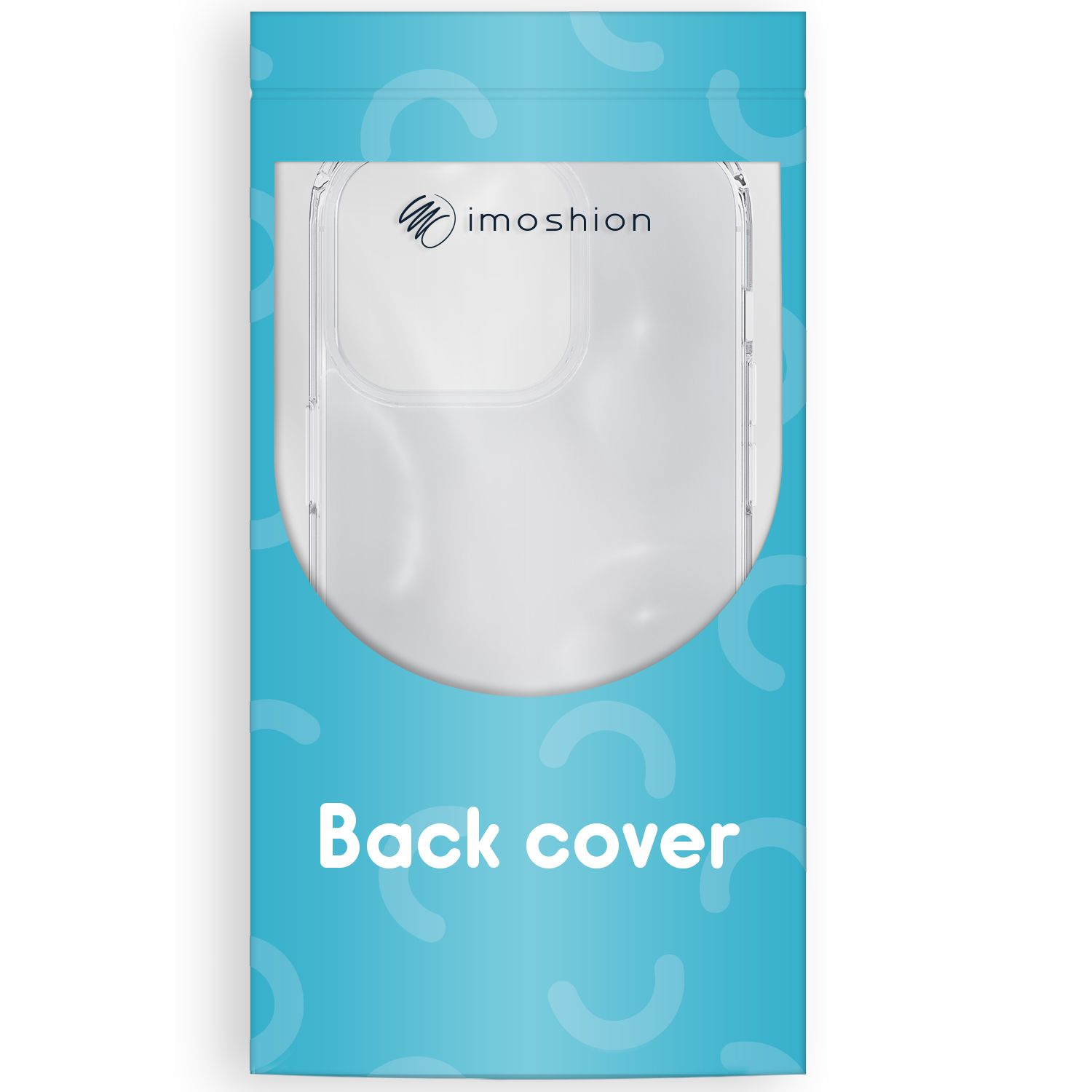 Eine transparente Handy-Rückseite in einer blauen Verpackung. Auf der Verpackung steht 'Back cover' und der Markenname 'imoshion'.