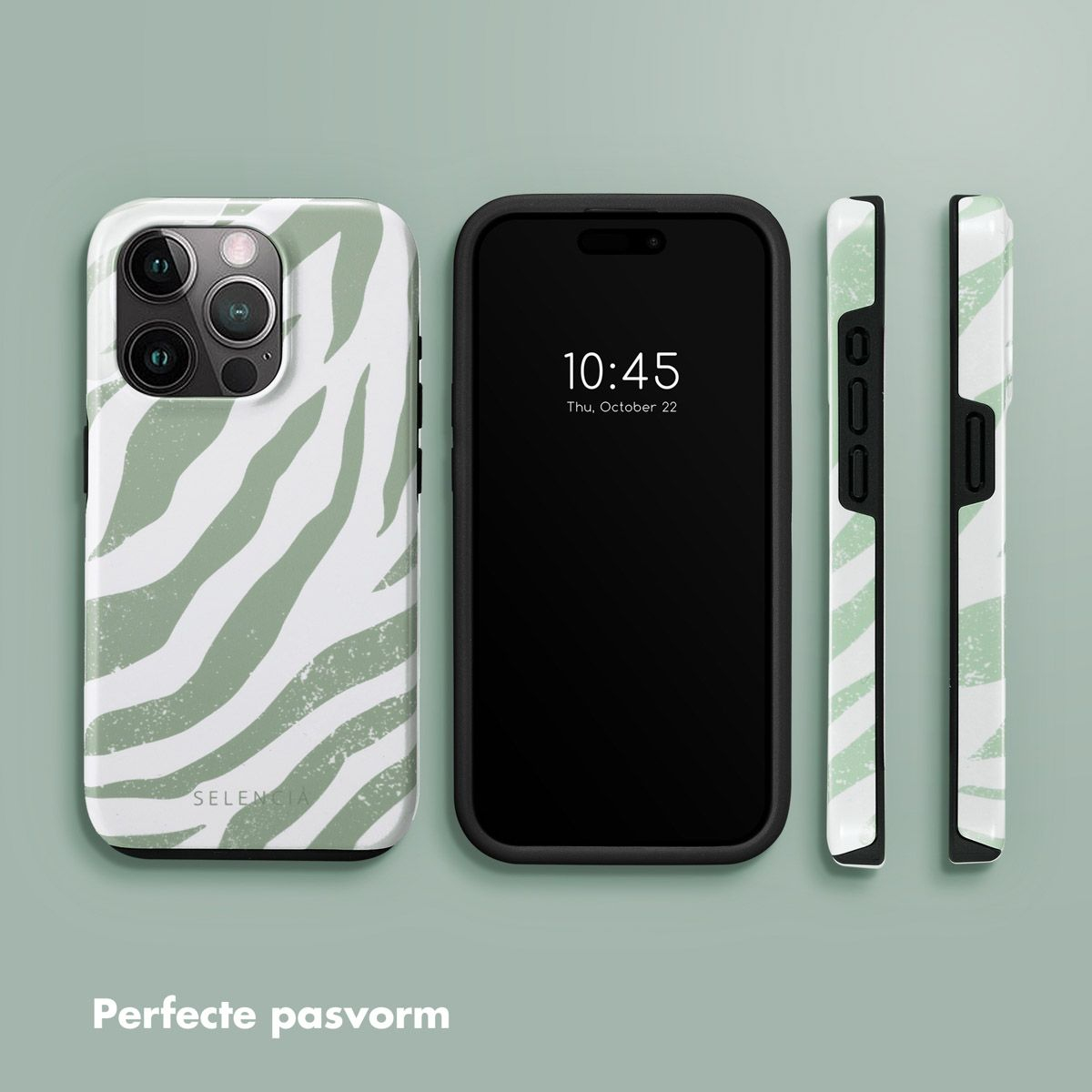 Un téléphone et des étuis avec un motif zébré vert. Le téléphone affiche l'heure 10h45. Les étuis montrent le design et la vue latérale.