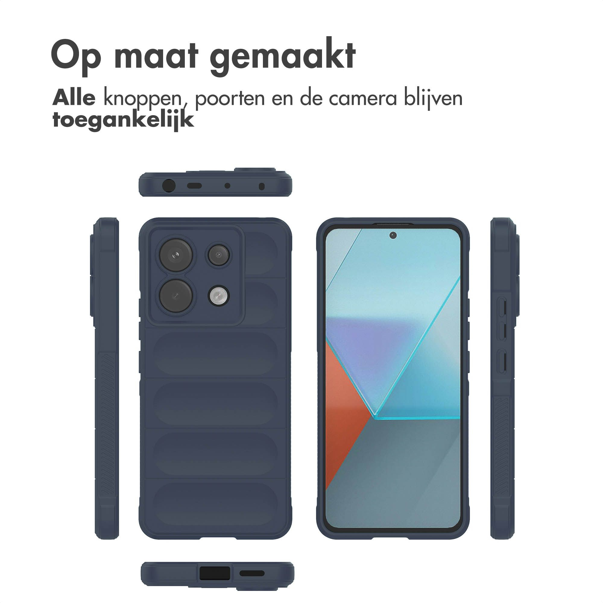 Marineblauwe telefoonhoes met telefoon, verschillende weergaven. Tekst: 'Op maat gemaakt'. Knoppen, poorten en camera blijven toegankelijk.