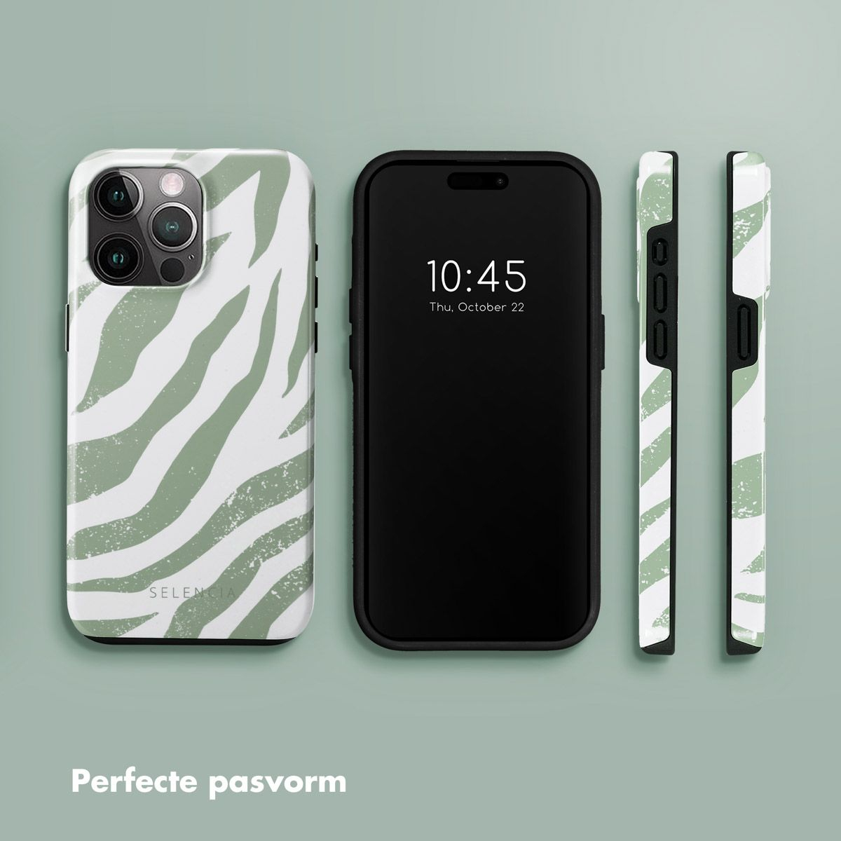 Een telefoon en telefoonhoesjes met een groen-witte zebraprint. De telefoon toont de tijd 10:45, 22 oktober.