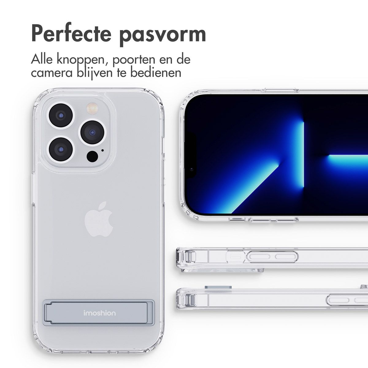 Coque de téléphone transparente avec téléphone à l'intérieur. Le téléphone a un support et le logo Apple est visible. La coque protège la caméra.