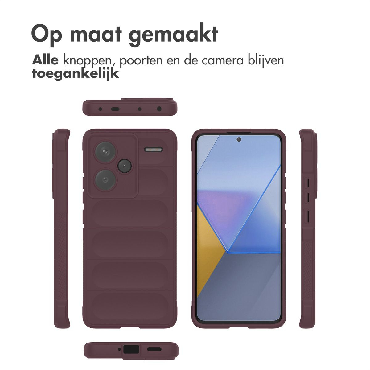 Afbeelding toont een telefoonhoesje en telefoonscherm. De hoes is bordeauxrood, en het scherm is blauw en geel, met de woorden 'Op maat gemaakt'.