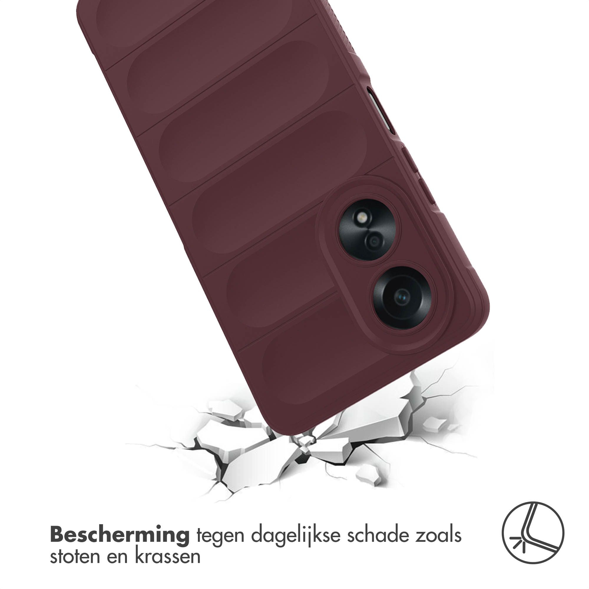Bordeaux telefoonhoesje op witte achtergrond. Telefoonhoesje valt op gebroken wit oppervlak. Tekst onderaan.