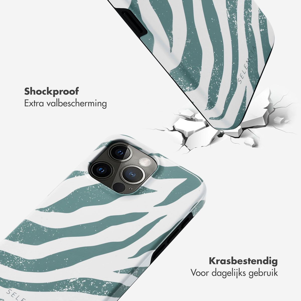 Een telefoonhoesje met een zebrapatroon wordt getoond. De hoes is onder een hoek, met scheuren in de buurt. De tekst "Schokbestendig" is zichtbaar.