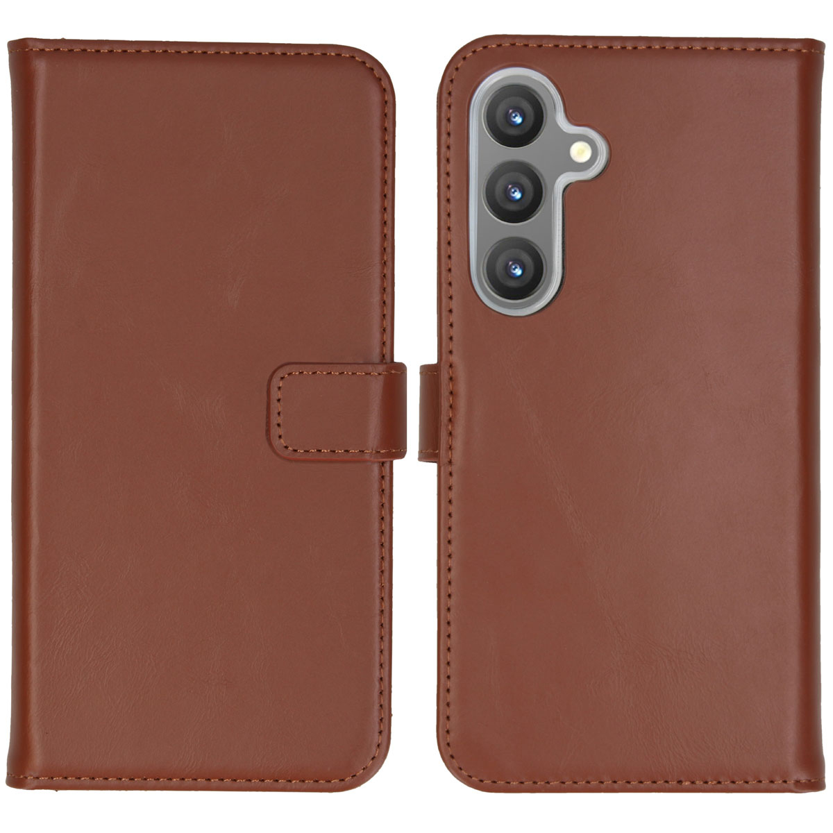 Étui de téléphone en cuir marron. L'étui est ouvert, montrant le téléphone et l'intérieur. Le téléphone a trois lentilles de caméra.