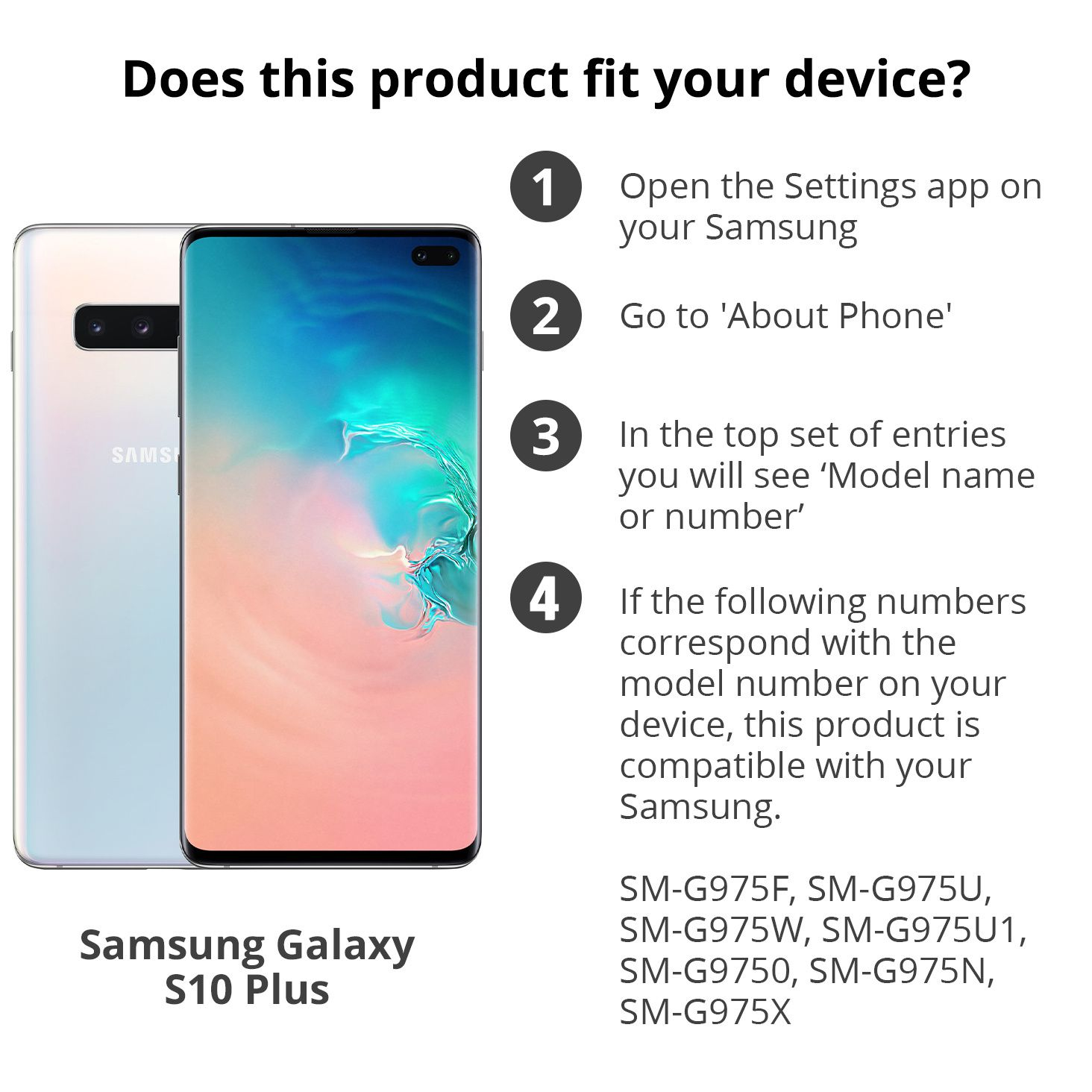Das Bild zeigt ein Samsung Galaxy S10 Plus und Anweisungen zur Überprüfung der Kompatibilität mit Modellnummern.
