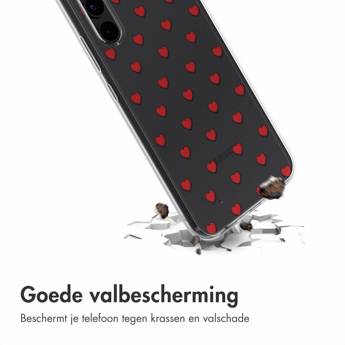 Una custodia per telefono con cuori rossi su sfondo nero cade e spacca la superficie bianca. La custodia dice Samsung.