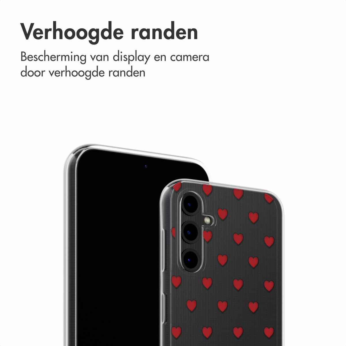 Due smartphone, uno con schermo nero, l'altro con custodia a cuori. Testo: 'Bordi rialzati'.