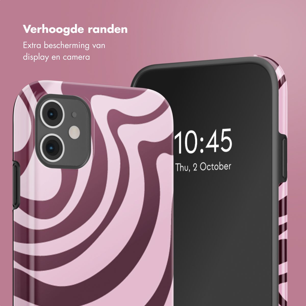 Due smartphone con custodie. Una custodia ha un motivo a spirale rosa e marrone. L'altro telefono mostra l'ora e la data. Lo sfondo è rosa.