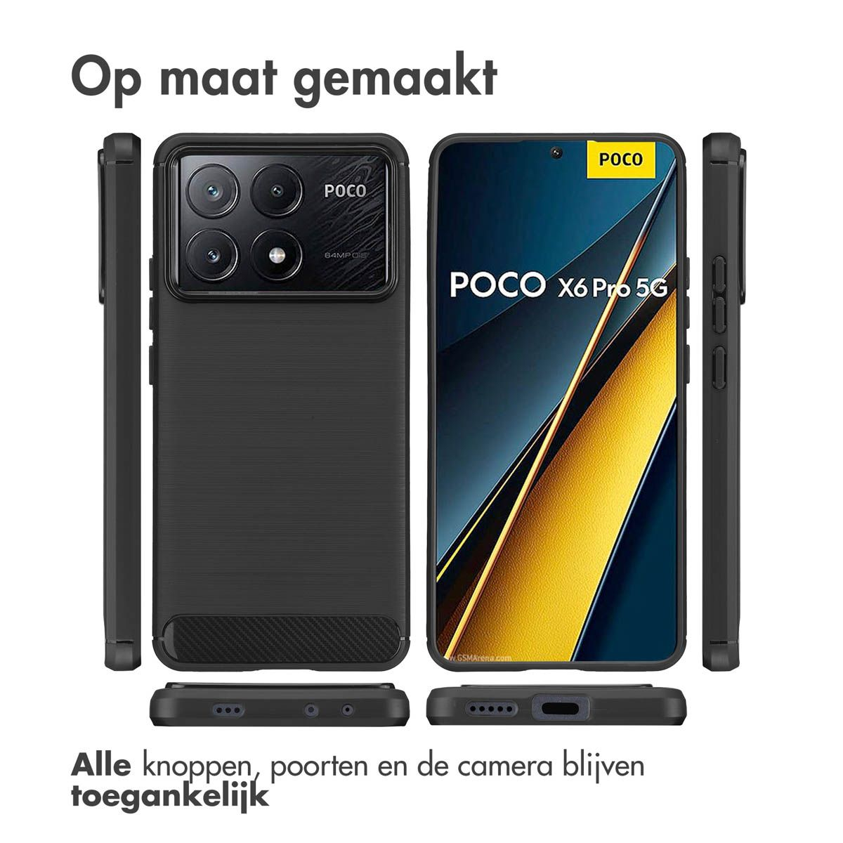 Un telefono in una custodia nera. Lo schermo mostra POCO X6 Pro 5G. In alto: Op maat gemaakt.