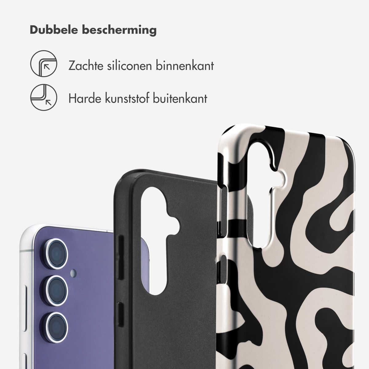 Coques de téléphone avec motif vagues noir et blanc, téléphone violet avec trois caméras et coque noire.