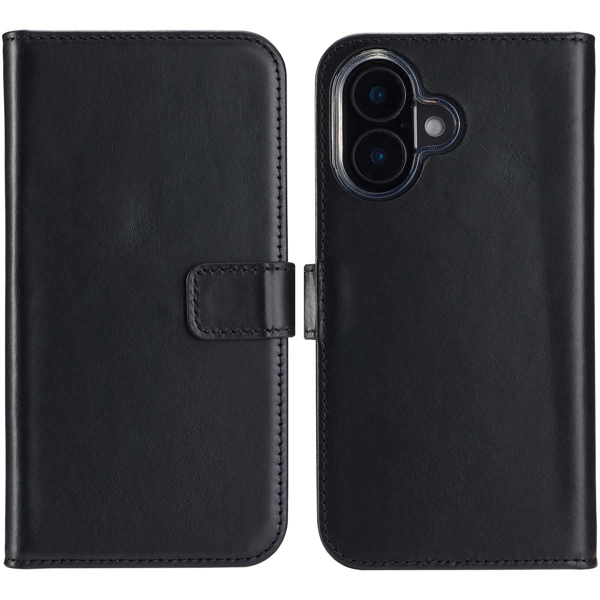 Zwarte leren telefoonhoes, open. Linkerkant heeft flap en sluiting. Rechterkant toont telefooncamera en binnenkant hoes.