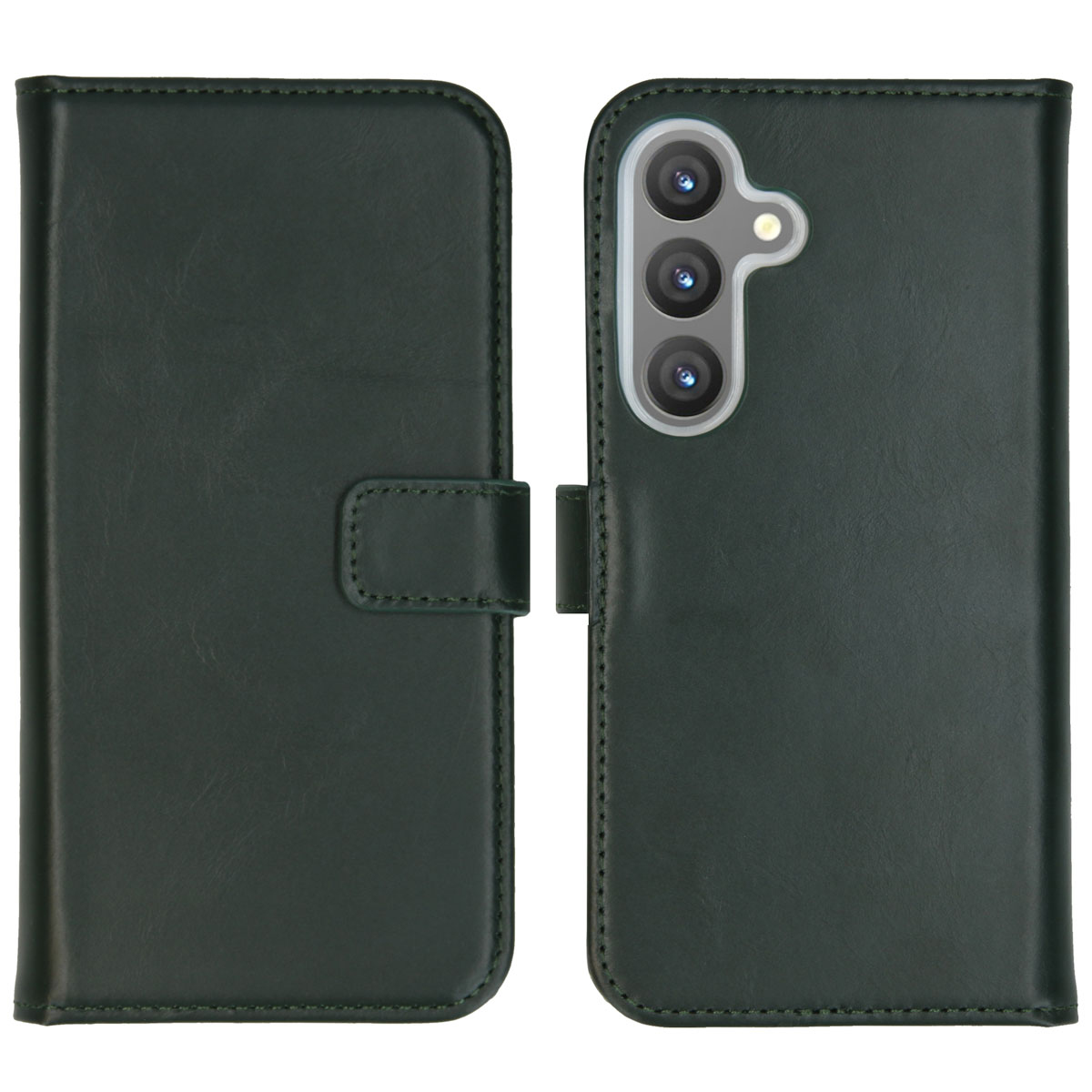 Een donkergroene telefoonhoes, open. De hoes heeft een magnetische sluiting en drie cameralenzen.
