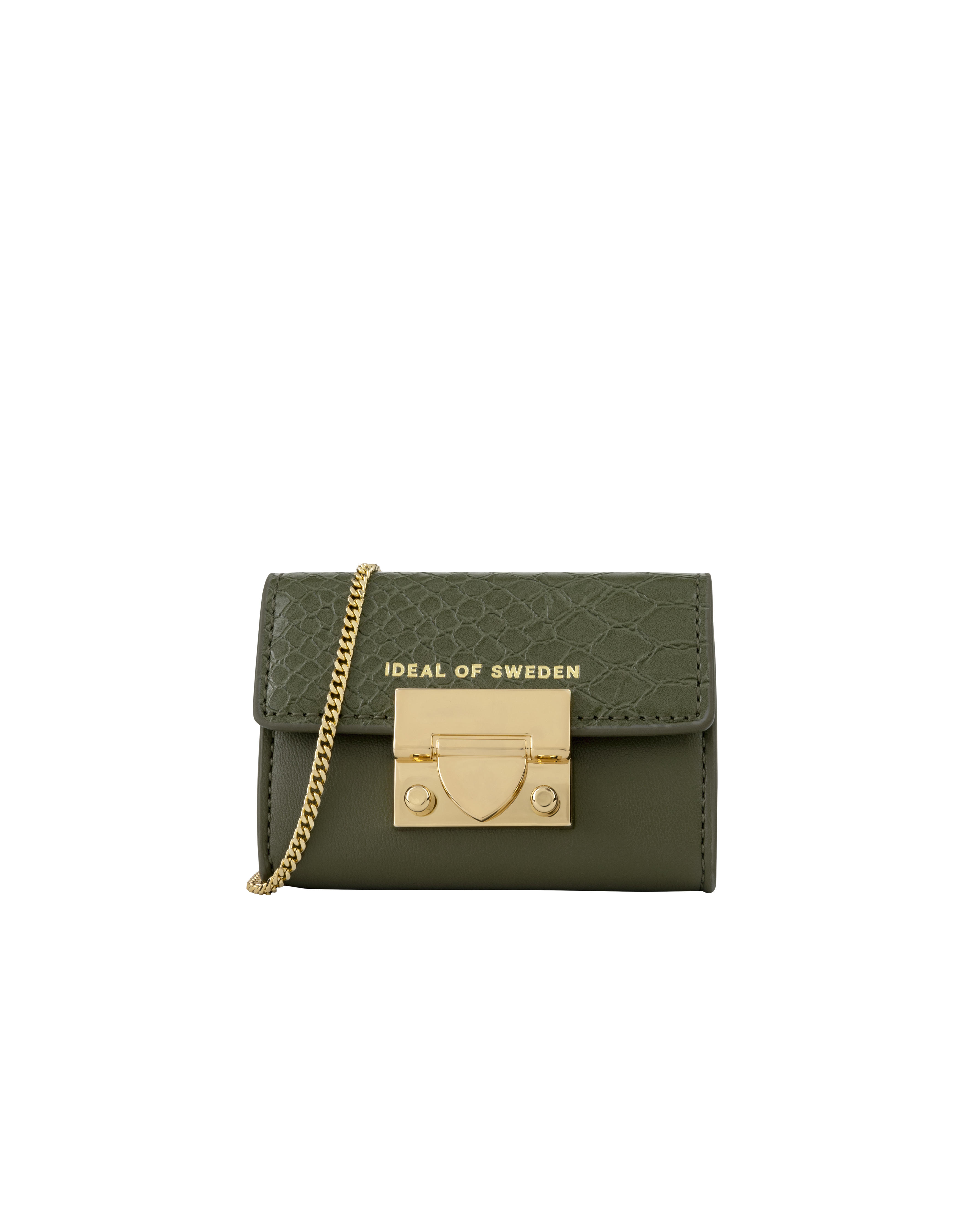 Borsetta Ideal of Sweden verde oliva con catena e chiusura dorate, su sfondo bianco.