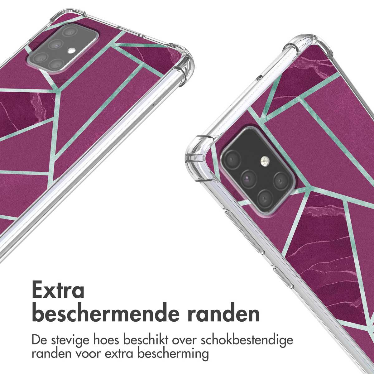 Due custodie per telefono con design a marmo viola. Bordi trasparenti. Testo: 'Extra beschermende randen' e 'De stevige hoes beschikt over schokbestendige'.