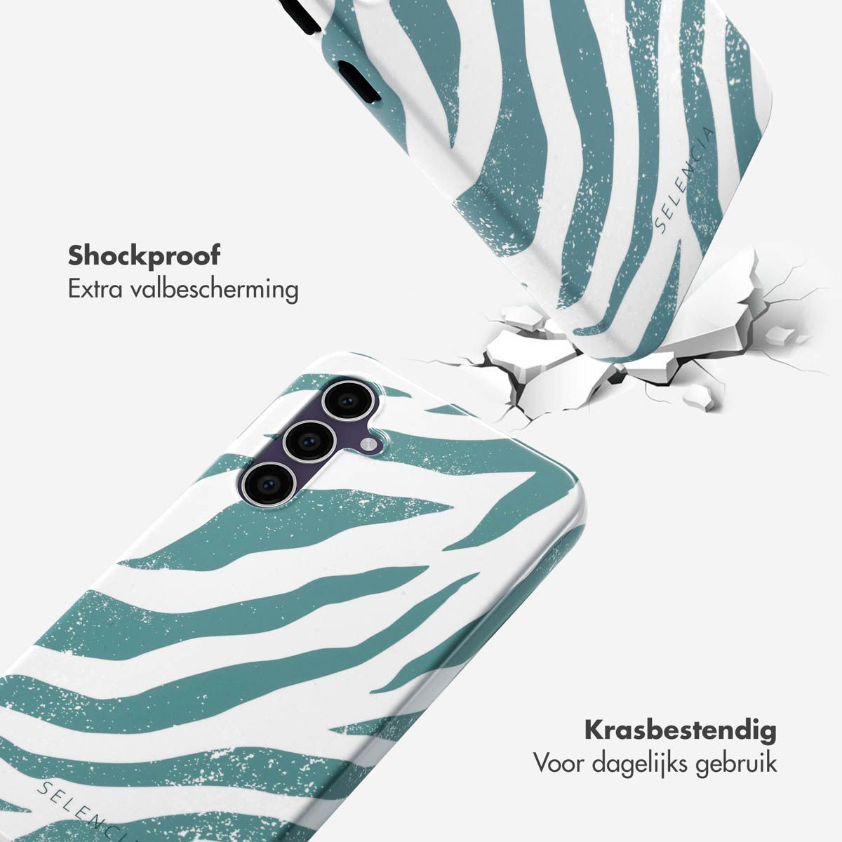 Telefoonhoesjes met zebrapatroon. Eén valt, raakt de grond en breekt deze. Tekst: Schokbestendig, Krasbestendig.