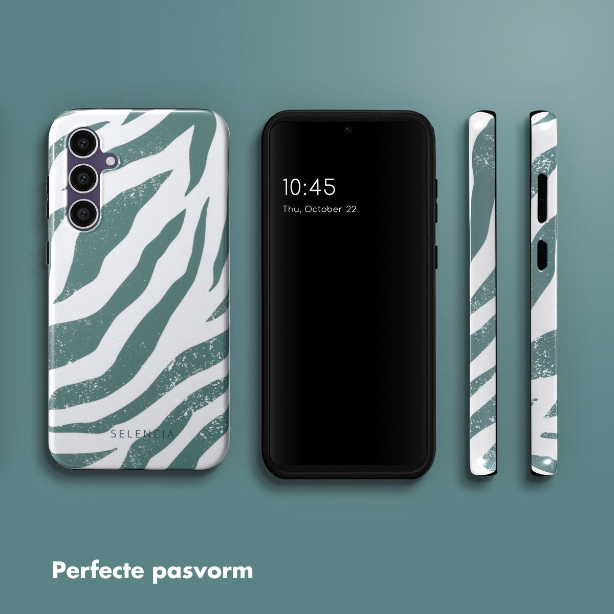 Telefoon met zebraprint hoesje, telefoonscherm met tijd, en twee zijaanzichten van de hoes. Alles op een teal achtergrond.