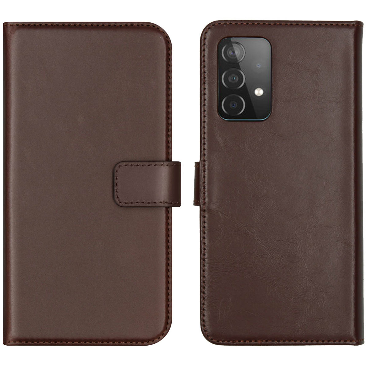 Eine braune Leder-Handyhülle, offen. Die linke Seite zeigt die Abdeckung mit einem Magnetverschluss. Die rechte Seite zeigt das Telefon mit Kamera.