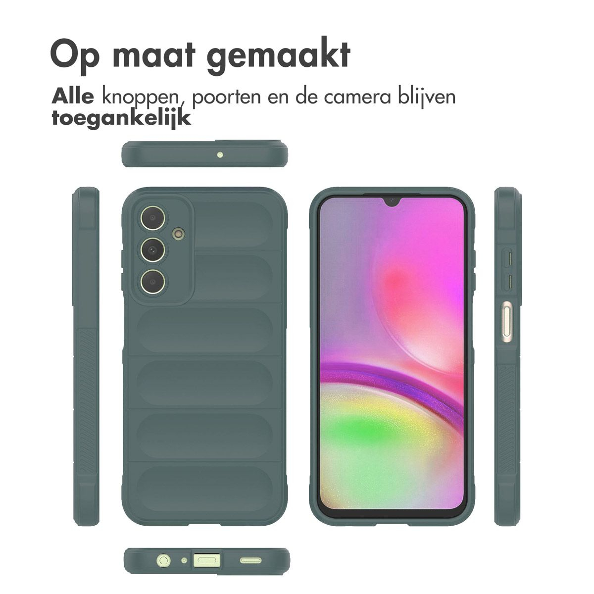Coque de téléphone verte avec téléphone et différentes vues de la coque. Texte : Fabriqué sur mesure. Tous les boutons, ports et appareil photo restent accessibles.