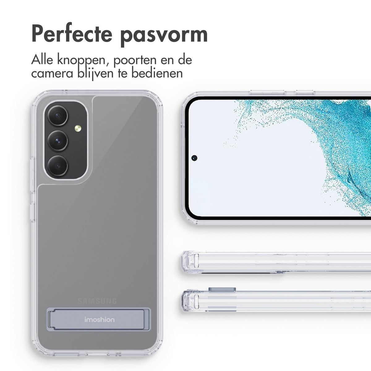 Transparante telefoonhoes met telefoon, scherm en close-ups van de hoes. Tekst zegt perfecte pasvorm en alle knoppen, poorten en camera blijven bruikbaar.
