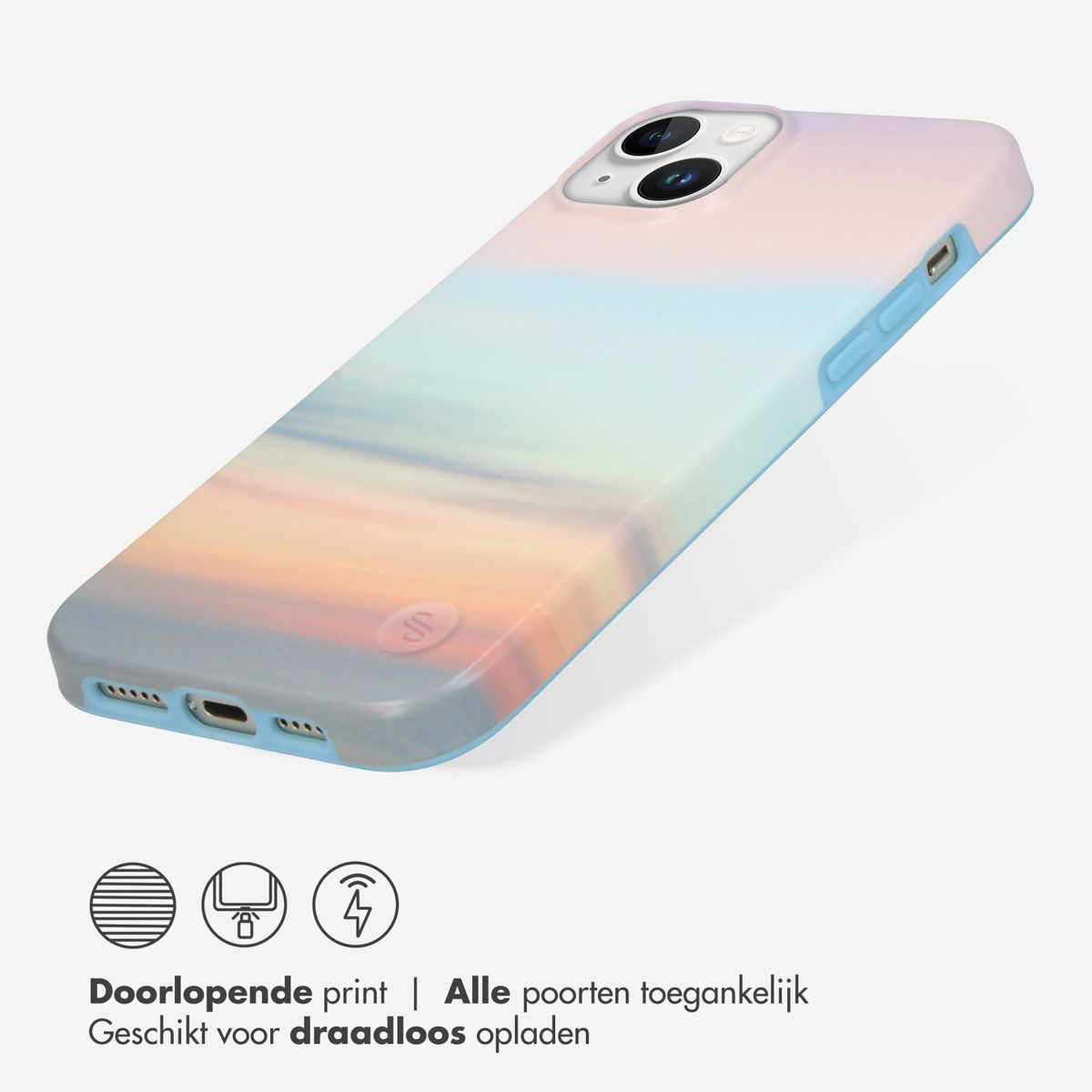 Une coque de téléphone avec un design de coucher de soleil pastel. La coque est inclinée, montrant les objectifs de l'appareil photo et les boutons latéraux.