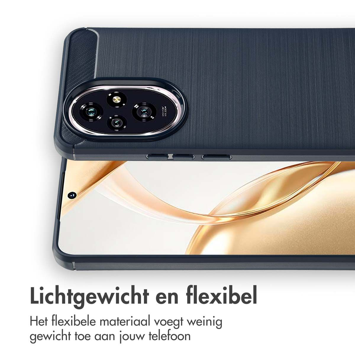 Primo piano di un telefono che mostra il retro con un modulo fotocamera. Il telefono è blu scuro e lo schermo è visibile. Il testo recita 'Leggero e flessibile'.