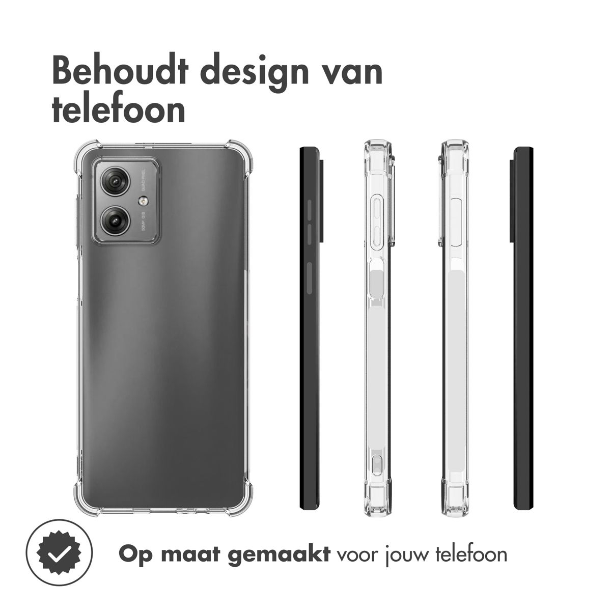 L'immagine mostra custodie per telefoni. Un telefono con custodia a sinistra e tre custodie di diversi colori a destra. Testo in olandese.