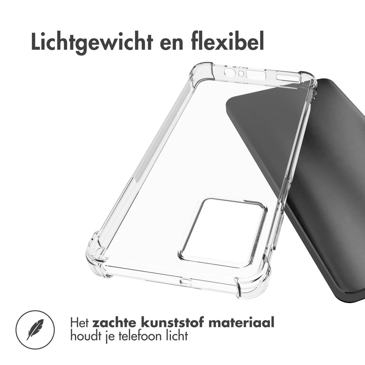 Custodia trasparente con telefono nero. Testo: Leggero e flessibile. Inoltre, il morbido materiale plastico mantiene il telefono leggero.