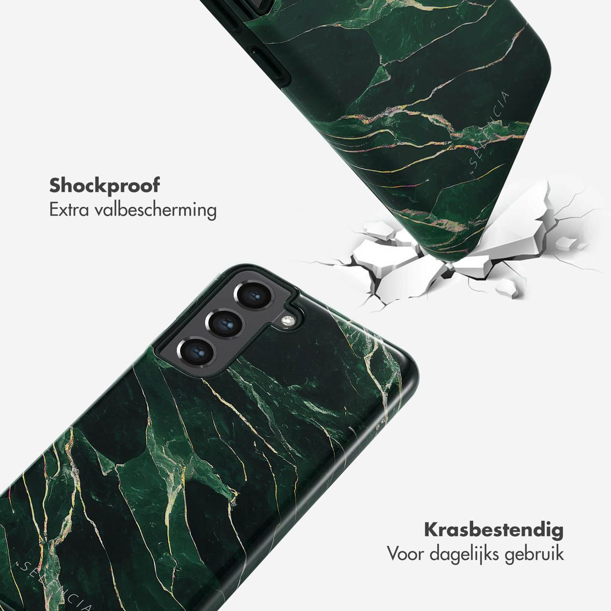 Due custodie per telefono in marmo verde. Una che cade, l'altra su una superficie bianca. Testo: 'Shockproof' e 'Krasbestendig'.