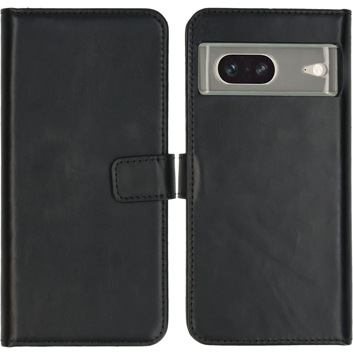 Zwarte telefoonhoes open, toont een telefoon. De hoes is leerachtig met een sluiting. De telefoon heeft een camerabalk.