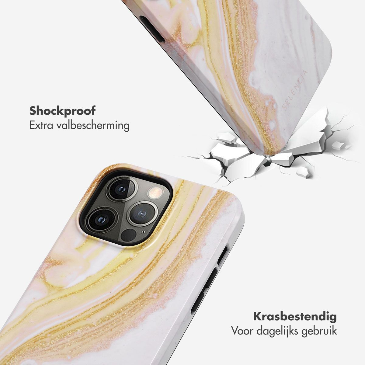Twee telefoonhoesjes met marmerdesign worden getoond, één breekt een oppervlak. Tekst zegt 'Schokbestendig' en 'Krasbestendig'.