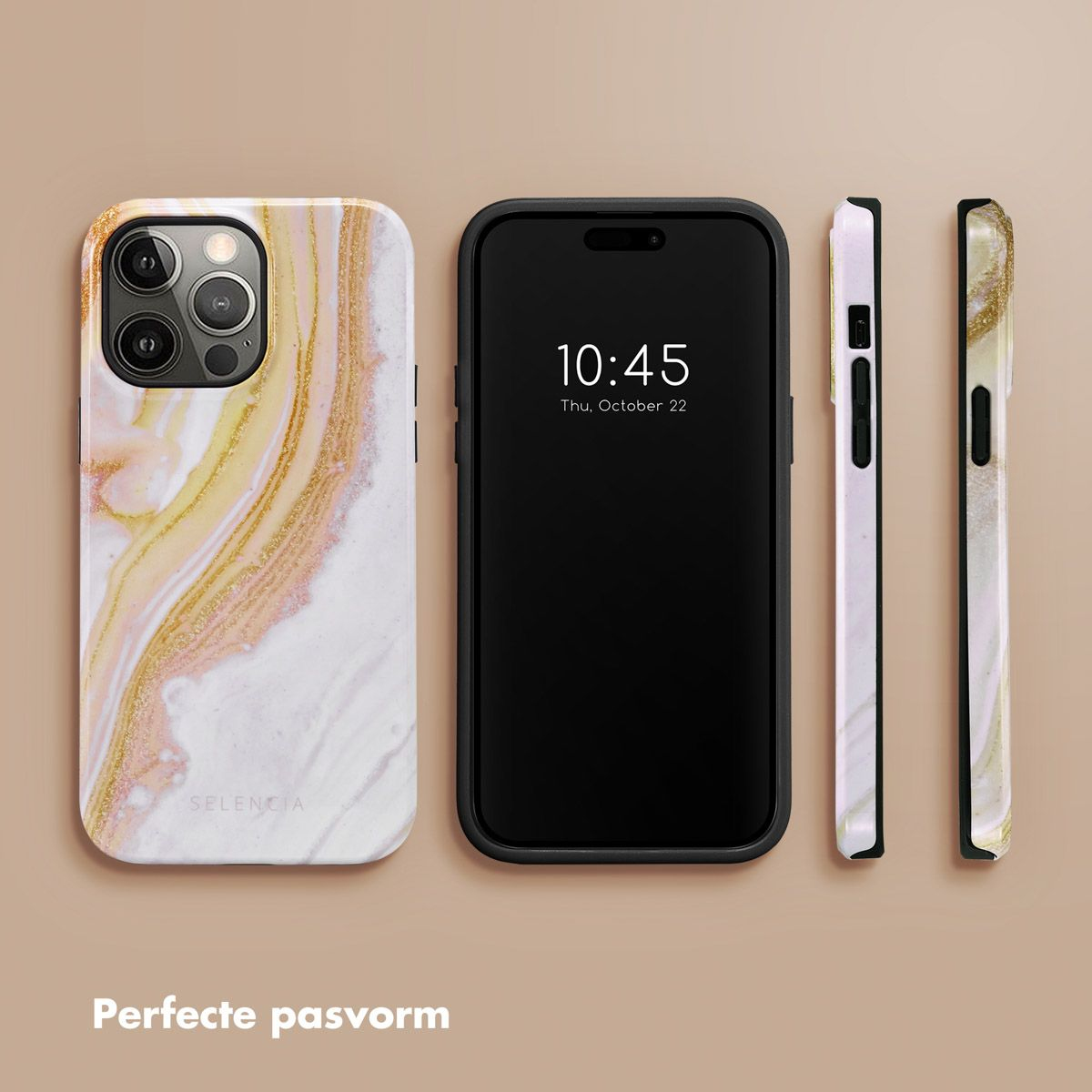 Een telefoon en telefoonhoesjes worden getoond. De telefoon toont de tijd 10:45. Hoesjes hebben een marmerontwerp in wit, goud en roze tinten.
