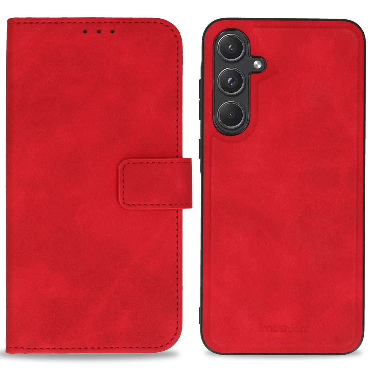 Un étui de téléphone rouge et un téléphone. L'étui est de style folio avec une fermeture magnétique. Le téléphone a trois caméras.