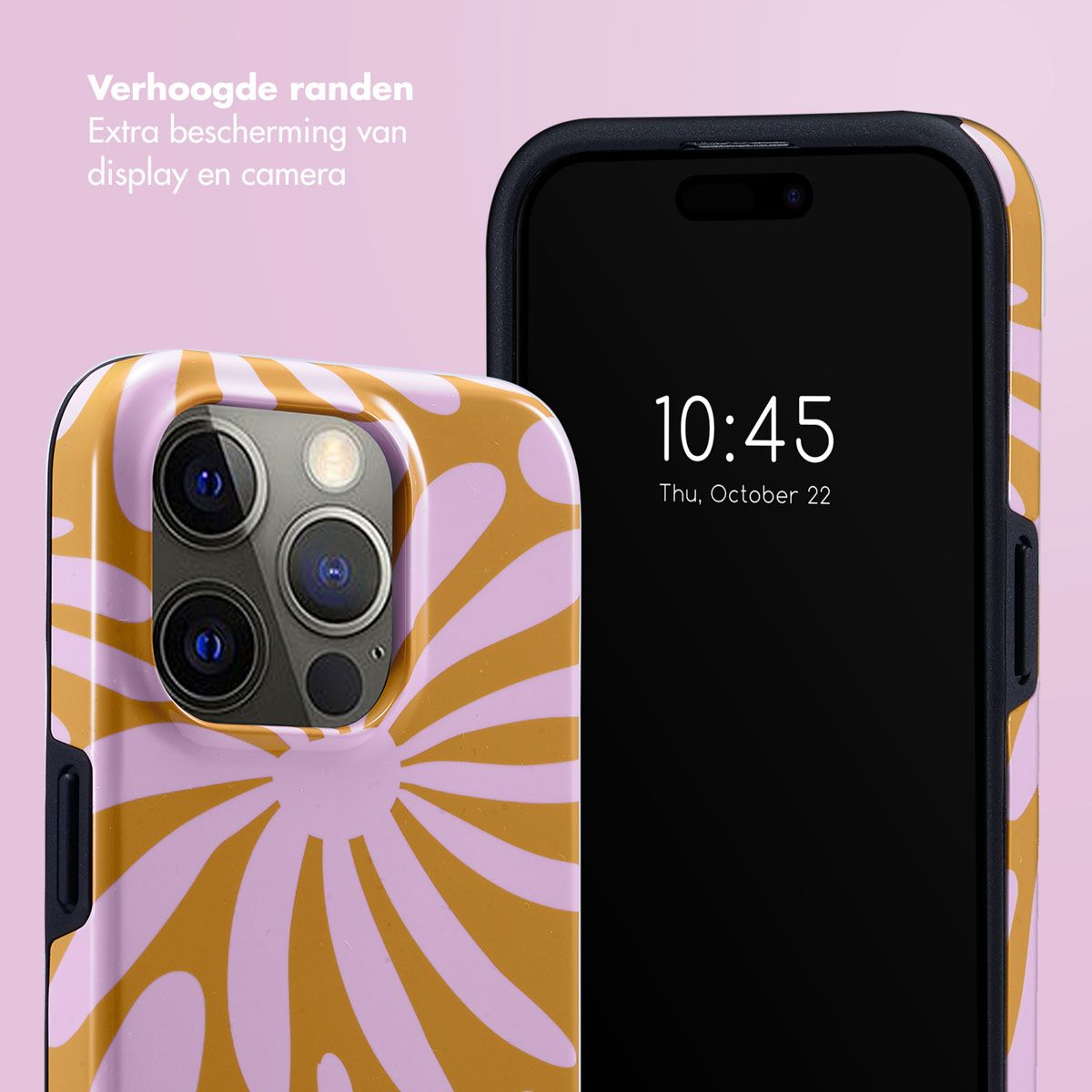 Un téléphone avec une coque fleurie affiche l'heure 10h45. La coque est rose et dorée. Le texte dit 'Verhoogde randen' et 'Extra bescherming'.