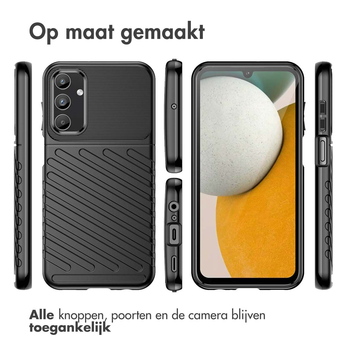 Zwarte telefoonhoes met telefoon, knoppen en poorten. Tekst: 'Op maat gemaakt' en 'Alle knoppen, poorten en de camera blijven toegankelijk'.