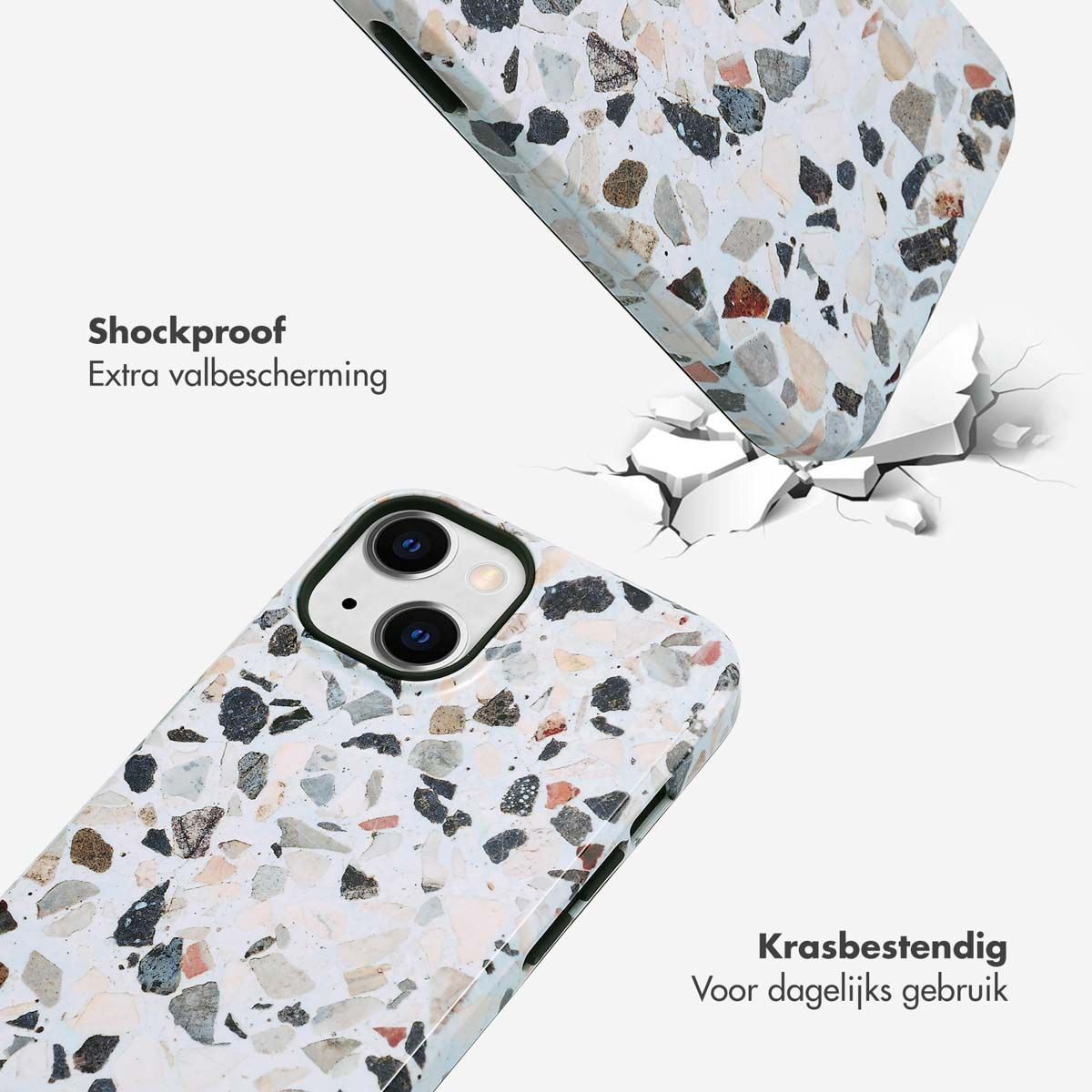 Deux coques de téléphone avec un design terrazzo. Une coque semble frapper une surface, provoquant une fissure. Le texte dit 'Antichoc' et 'Résistant aux rayures'.
