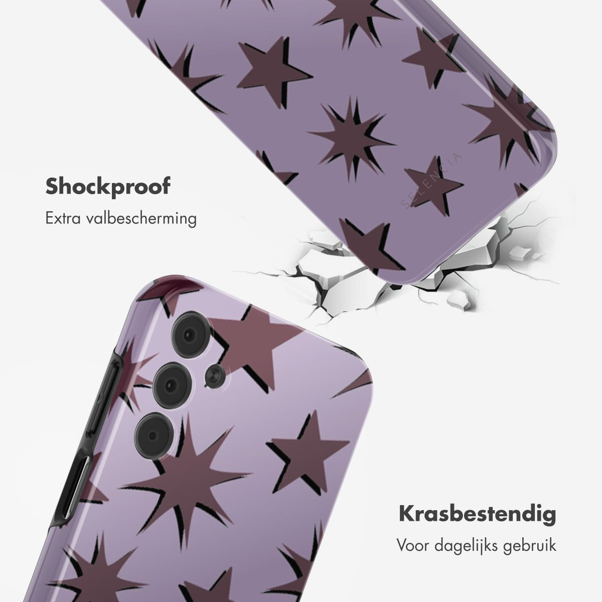 Telefoonhoesjes met sterrenpatroon, schokbestendig en krasbestendig. Eén hoesje breekt een oppervlak. Tekst zegt 'Shockproof' en 'Krasbestendig'.
