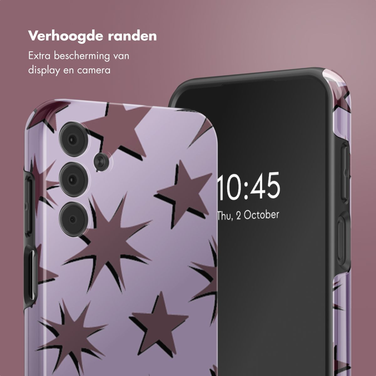 Een telefoon in een hoesje met sterrenpatroon toont de tijd 10:45. De hoes is lila met bruine sterren. De achtergrond is een verloop.