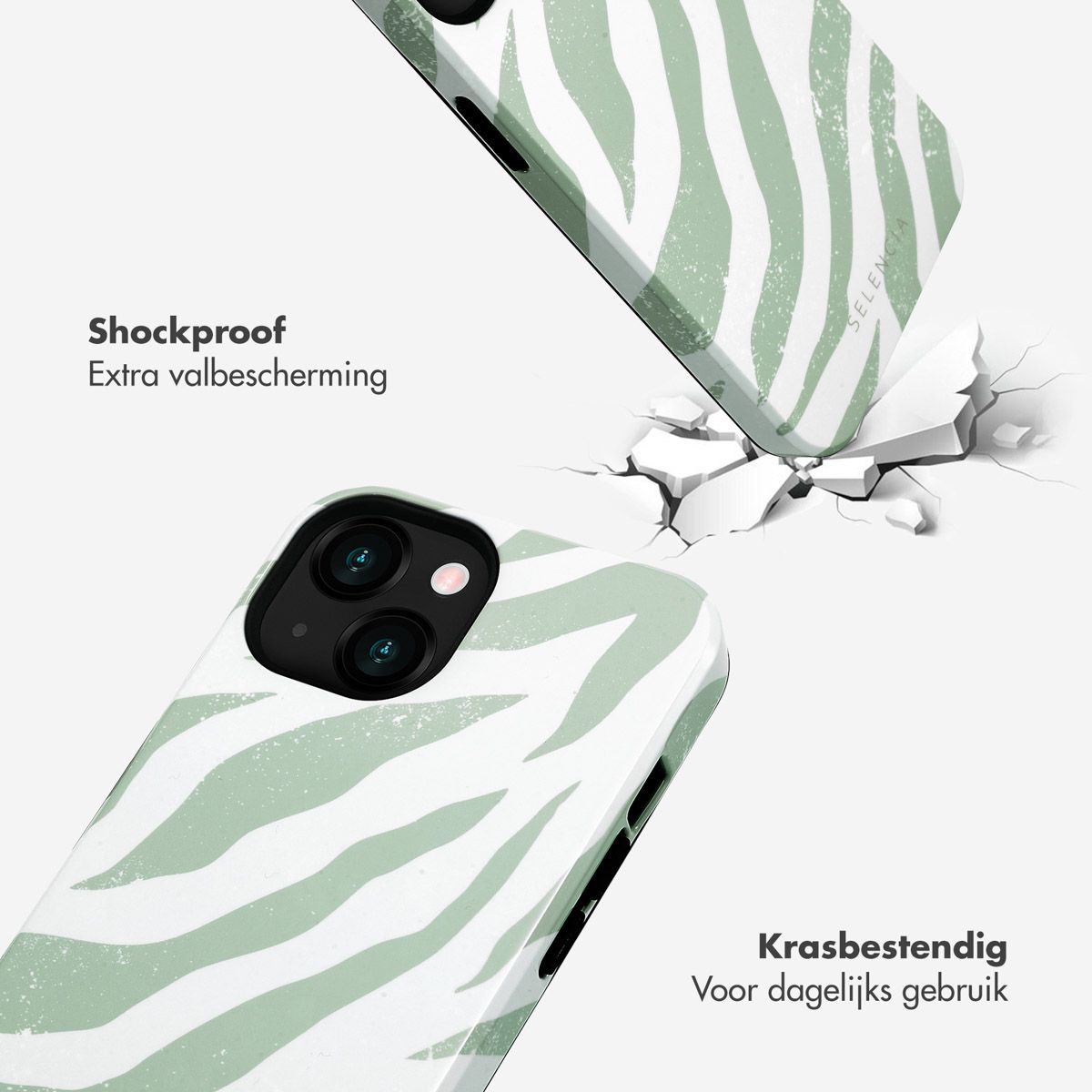 Deux coques de téléphone avec motif zébré vert. L'une fissure une surface. Texte : Antichoc et résistant aux rayures.
