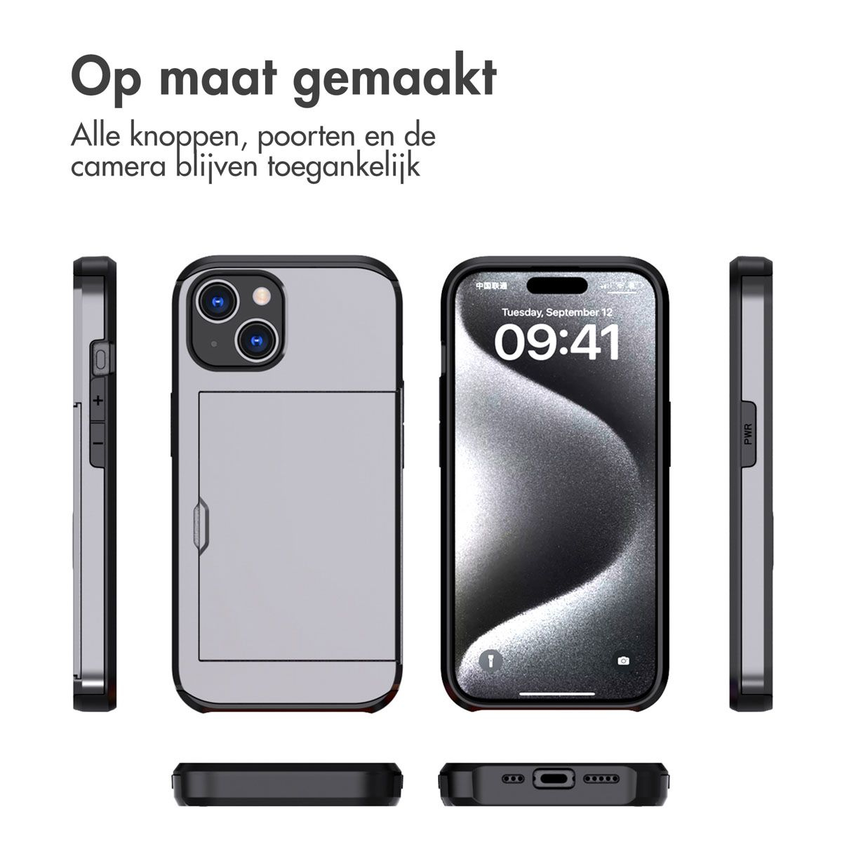 A phone case is shown with a phone inside. The case is gray with black edges. The phone screen shows the time.