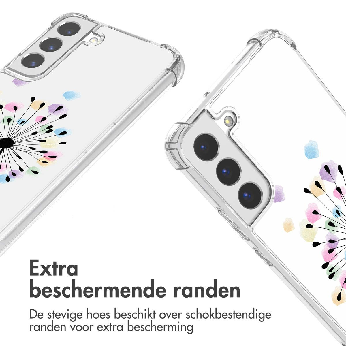 Transparante telefoonhoesjes met paardenbloem design. Tekst: 'Extra beschermende randen'. Hoesjes zijn schuin, cameradetails zichtbaar.