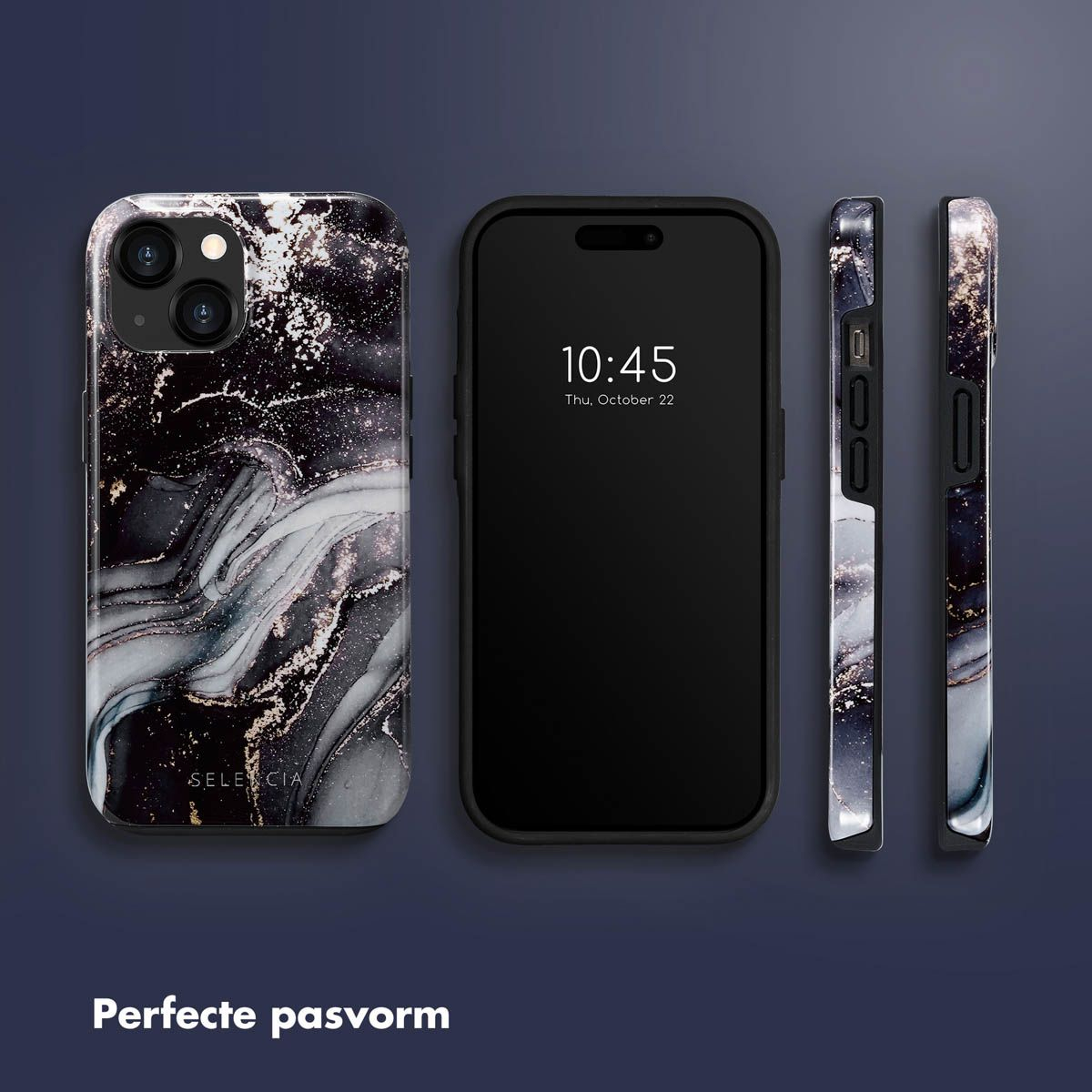 L'image montre un téléphone avec un étui à motifs, un écran de téléphone affichant l'heure et deux vues latérales de l'étui. Le fond est bleu foncé.