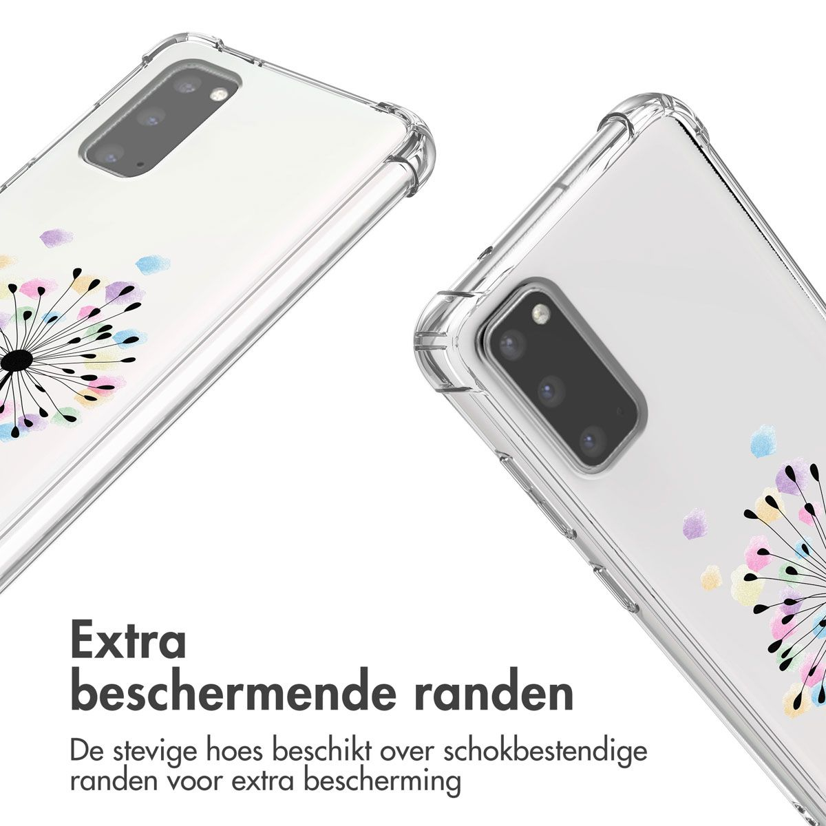 Deux coques de téléphone transparentes avec un motif de pissenlit. Le texte en bas dit 'bords protecteurs supplémentaires' en néerlandais.