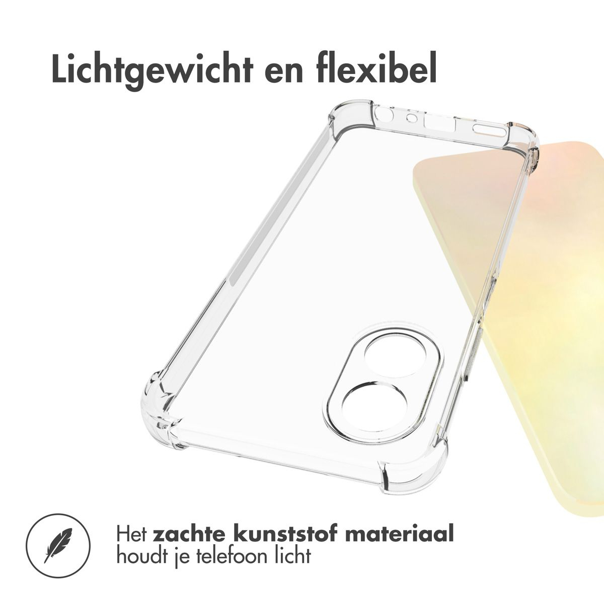 Er wordt een doorzichtige telefoonhoes getoond met Nederlandse tekst. De hoes staat op een gele gradiënt achtergrond, met een veerpictogram.