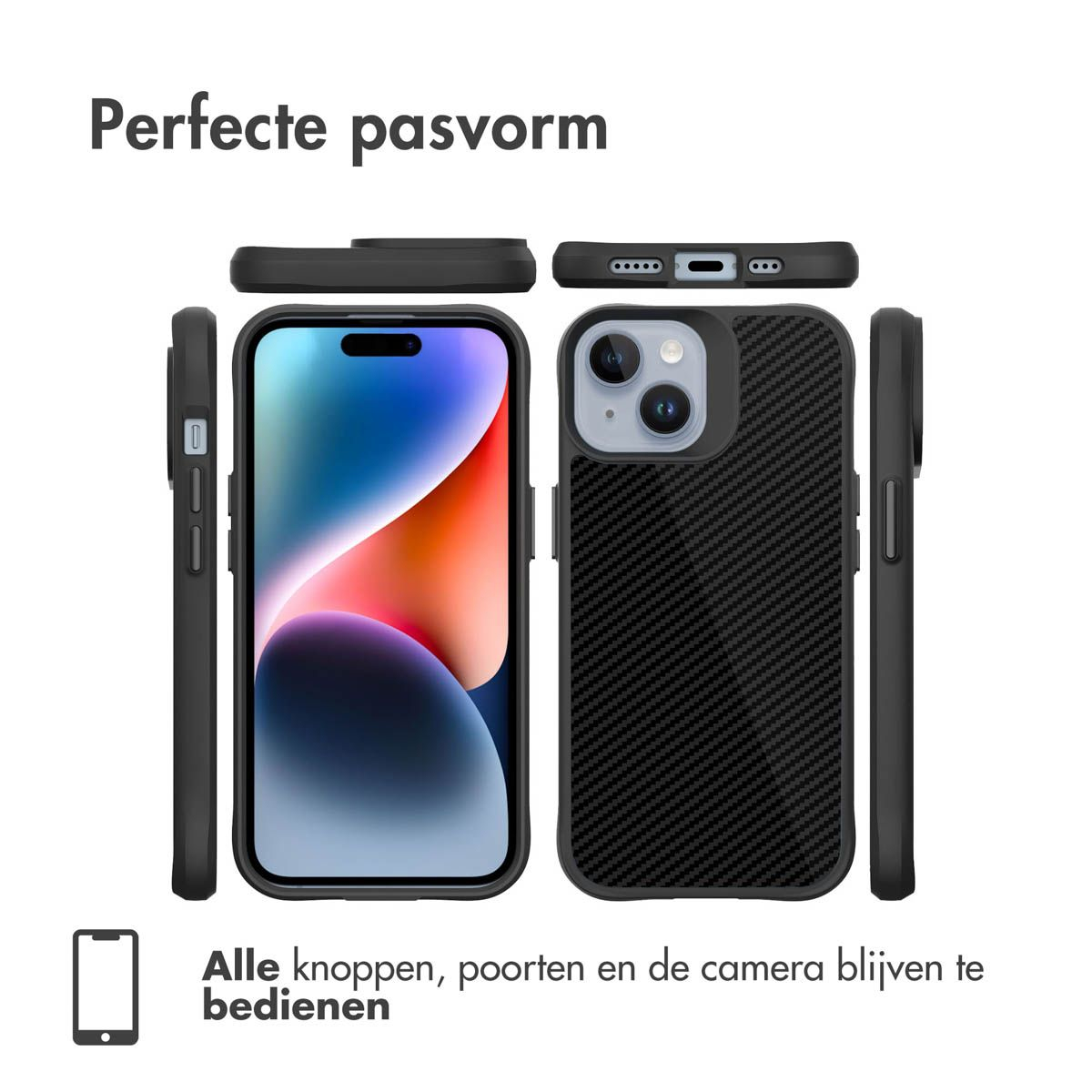 Un téléphone dans un étui noir. L'étui a une texture en fibre de carbone. Le téléphone est montré sous différents angles et positions.