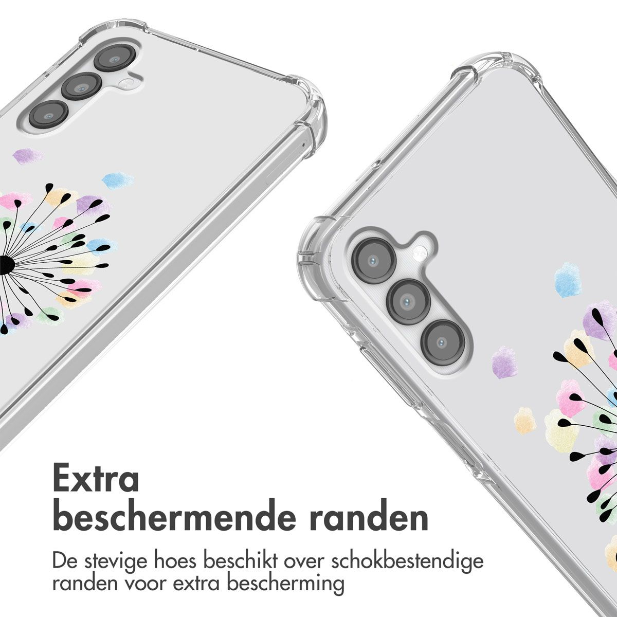 Transparante telefoonhoesjes met kleurrijke bloemmotieven. De hoesjes zijn schuin, tonen cameralenzen en tekst: 'Extra beschermende randen'.