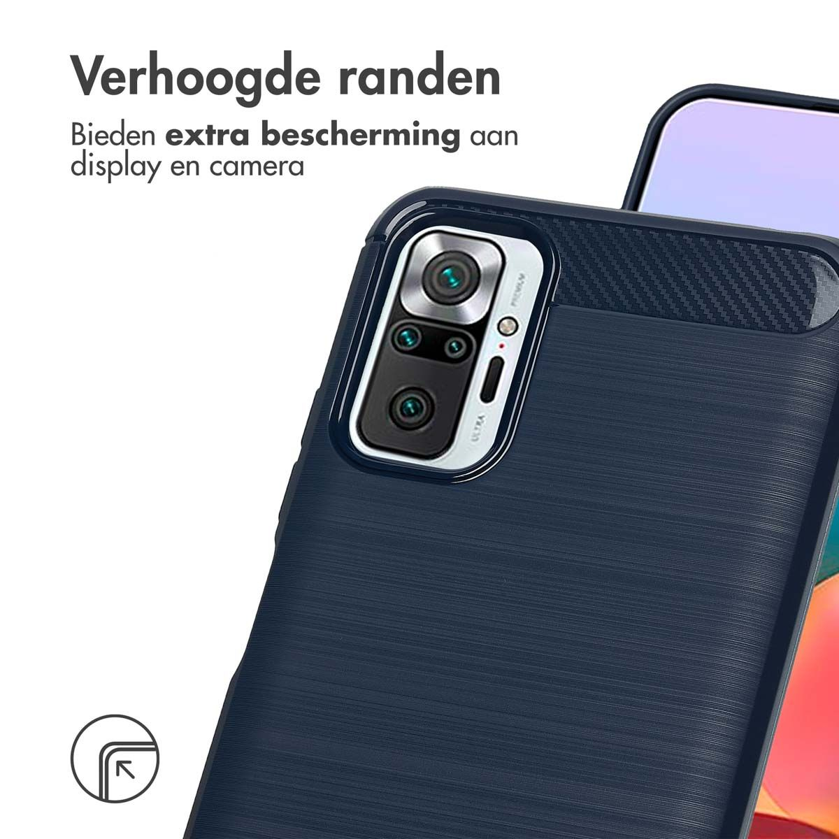 Un étui de téléphone bleu marine protège un téléphone avec une caméra. Texte: protection supplémentaire pour l'écran et l'appareil photo.