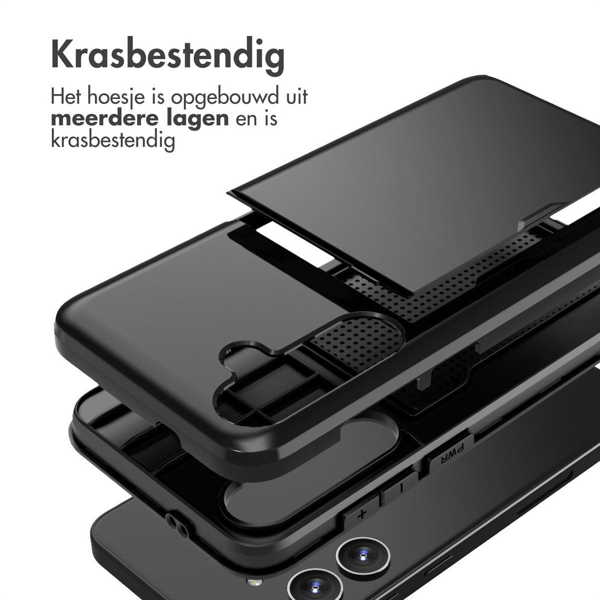 Een gedemonteerde zwarte telefoonhoes, met meerdere lagen. Tekst: 'Krasbestendig'.